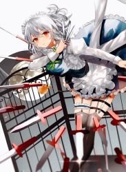 Rule 34 | 1girl, apron, black thighhighs, blue dress, bow, braid, bush, closed mouth, dress, expressionless, flower, french braid, frilled apron, frilled dress, frills, full moon, garter straps, grabbing, green bow, hair bow, hair ornament, highres, holster, izayoi sakuya, knife, knife sheath, knife sheath, long sleeves, looking at viewer, maid, maid apron, maid headdress, moon, pink flower, pink rose, pocket watch, red eyes, rose, sakizaki saki-p, sheath, short sleeves, silver hair, simple background, solo, sparkle, thigh holster, thighhighs, touhou, twin braids, twitter username, waist apron, watch, white apron, white background, white thighhighs, wrist cuffs
