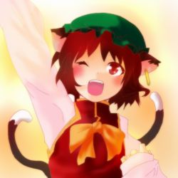 Rule 34 | 1girl, animal ears, bad id, bad pixiv id, brown hair, cat ears, cat girl, cat tail, chen, china dress, chinese clothes, dress, earrings, female focus, gradient background, hat, jewelry, ribbon, short hair, solo, soubi, tail, touhou, upper body