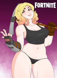 Rule 34 | 1girl, abstract background, absurdres, black panties, blonde hair, breasts, cleavage, constructor penny, cowboy shot, crop top, elbow gloves, eyelashes, female focus, fingerless gloves, fortnite, gesture, gloves, highres, large breasts, looking at viewer, navel, over shoulder, panties, pickaxe, red eyes, rodjim, solo, tank top, thick thighs, thighs, underwear, weapon, weapon over shoulder, wide hips