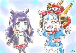 Rule 34 | 2girls, beige sweater, black jacket, black skirt, blue eyes, blue hair, blush, chibi, clenched hands, collared shirt, cosplay, dynazenon (character), dynazenon (character) (cosplay), fins, fish tail, gawr gura, gridman universe, helmet, highres, hololive, hololive english, jacket, leggings, medium hair, minami yume, minami yume (cosplay), mole, mole under mouth, mukago, multicolored hair, multiple girls, ninomae ina&#039;nis, open mouth, pointy ears, shark tail, shirt, silver hair, skirt, ssss.dynazenon, streaked hair, tail, v-shaped eyebrows, virtual youtuber