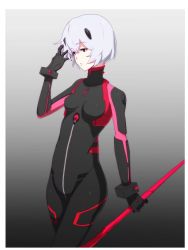 Rule 34 | 1girl, ayanami rei, black bodysuit, bodysuit, breasts, breasts apart, gradient background, headgear, highres, holding, holding polearm, holding spear, holding weapon, interface headset, konbari tariumu, neon genesis evangelion, plugsuit, polearm, red eyes, short hair, silver hair, small breasts, solo, spear, standing, weapon