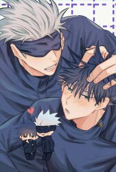 Rule 34 | 2boys, black blindfold, blindfold, blue eyes, blush, buttons, chibi, commentary request, fushiguro megumi, fushirun rung, gojou satoru, green eyes, hand on another&#039;s head, heart, highres, jacket, jujutsu kaisen, long sleeves, looking at another, male focus, multiple boys, open mouth, parted lips, school uniform, short hair, smile, spiked hair, teeth, white hair, yaoi