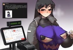 Rule 34 | 1girl, areola slip, black hair, blush, breasts, cash register, commentary request, covered erect nipples, fingernails, ghost costume, grey jacket, grunt frostwolf, halloween costume, huge breasts, jacket, large areolae, long hair, nail polish, nose blush, original, pasties, purple nails, purple shirt, see-through, see-through shirt, shirt, smile, solo