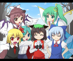 Rule 34 | 6+girls, animal ears, antennae, blonde hair, blue eyes, blue hair, blush stickers, bow, brown eyes, brown hair, cape, cat ears, cat girl, chen, cirno, closed eyes, cloud, daiyousei, day, dress, earrings, fairy wings, fang, female focus, gloves, green eyes, green hair, hair bow, hair ribbon, hands on own hips, hat, ice, jewelry, letterboxed, multiple girls, mystia lorelei, necktie, open mouth, red eyes, red hair, ribbon, rumia, ryuushou, side ponytail, smile, snow, snowman, team 9 (touhou), touhou, tree, wings, wriggle nightbug, yakumo ran