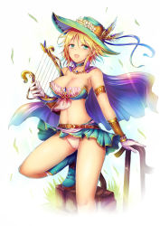 Rule 34 | 10s, 1girl, armlet, armor, bare shoulders, belt, bikini armor, blonde hair, boots, breastplate, breasts, cape, choker, cleavage, feathers, flower, gloves, green eyes, harp, hat, idolmaster, idolmaster cinderella girls, instrument, jewelry, kara (color), large breasts, lots of jewelry, miniskirt, navel, necklace, open mouth, panties, pantyshot, shiny skin, short hair, skirt, smile, solo, thighs, umeki otoha, underwear, upskirt, vambraces, white gloves, white panties