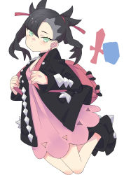 Rule 34 | 1girl, absurdres, aqua eyes, asymmetrical bangs, backpack, bag, banana takemura, black choker, black footwear, black hair, black jacket, boots, choker, closed mouth, commentary request, creatures (company), dress, earrings, expressionless, full body, game freak, hair ribbon, highres, holding strap, jacket, jewelry, long sleeves, looking at viewer, looking to the side, marnie (pokemon), nintendo, open clothes, open jacket, pink dress, pink ribbon, pokemon, pokemon swsh, ribbon, short hair, solo, twintails, white background