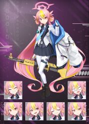 Rule 34 | 1girl, absurdres, belt, black footwear, black skirt, blonde hair, blue archive, blue jacket, blue necktie, blush stickers, closed mouth, collared shirt, crying, double bun, expressions, formal, full body, grin, gun, hair bun, halo, highres, holding, holding clothes, holding gun, holding jacket, holding weapon, id card, jacket, unworn jacket, koyuki (blue archive), koyuki (bunny) (blue archive), long hair, looking at viewer, m60, machine gun, multicolored hair, necktie, open mouth, pantyhose, pink eyes, pink hair, pleated skirt, randle, shirt, skirt, smile, solo, streaked hair, suit, tie clip, twintails, two-sided fabric, two-sided jacket, two-tone hair, weapon, white jacket, white pantyhose, white suit