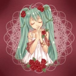 Rule 34 | 1girl, ahoge, closed eyes, flower, green hair, hair flower, hair ornament, hatsune miku, long hair, own hands together, red flower, red rose, rose, solo, twintails, very long hair, vocaloid, yayoi (egoistic realism)