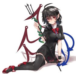 Rule 34 | 1girl, ahoge, arm support, asuzemu, asymmetrical wings, bad id, bad twitter id, black dress, black hair, black thighhighs, bow, bowtie, breasts, commentary, commentary request, covered navel, dress, full body, holding, holding weapon, houjuu nue, looking at viewer, lying, medium breasts, medium hair, on side, polearm, red bow, red bowtie, red eyes, red footwear, simple background, skin tight, smile, snake, solo, thighhighs, touhou, trident, weapon, white background, wings