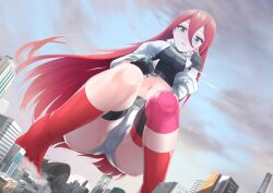 Rule 34 | 1girl, aircraft, airplane, artist request, ass, blue eyes, breasts, building, city, giant, giant male, giantess, girls&#039; frontline, jacket, large breasts, long hair, looking at viewer, navel, open clothes, open jacket, open mouth, red hair, red socks, shorts, size difference, sky, socks, t-5000 (girls&#039; frontline), white jacket, white shorts
