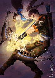 Rule 34 | 1boy, bara, bird, blue eyes, bow (weapon), brown hair, bulge, camouflage, camouflage jacket, camouflage pants, cropped jacket, drawing bow, eagle, eddie (gyee), fighting stance, flying, from side, frown, full body, glowing arrow, gyee, holding, holding bow (weapon), holding weapon, jacket, male focus, ninomiya reisui (chieh ren), pants, short hair, solo, toned, toned male, weapon