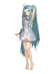 Rule 34 | 1girl, absurdres, ahoge, armpits, barefoot, blue eyes, blue hair, blush, c2h6o, closed mouth, dress, full body, granblue fantasy, hair intakes, hand in own hair, highres, long hair, looking at viewer, lyria (granblue fantasy), short dress, simple background, sleeveless, sleeveless dress, smile, solo, standing, thighlet, very long hair, white background, white dress