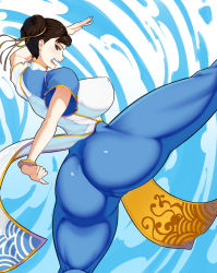 Rule 34 | 1girl, 47 hard, blue background, blue dress, blue leggings, bracelet, breasts, brown eyes, brown hair, cameltoe, capcom, chinese clothes, chun-li, covered erect nipples, double bun, dress, from behind, hair bun, hair ribbon, highres, jewelry, kicking, large breasts, leggings, looking at viewer, matching hair/eyes, open mouth, ribbon, short sleeves, skin tight, solo, standing, standing on one leg, street fighter, street fighter 6, teeth, tongue, white background