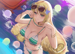 Rule 34 | 1girl, ahoge, bikini, bikini pull, blonde hair, blush, breasts, cleavage, closed mouth, clothes pull, dusk diver, eyewear on head, fish hair ornament, from above, gold bracelet, gold choker, green bikini, hair ornament, hands up, highres, large breasts, le viada, looking at viewer, mole, mole under eye, o-ring, o-ring bikini, partially submerged, pool, pulling own clothes, smile, solo, sunglasses, swimsuit, untied bikini, water, wet, wet hair, yamikyon
