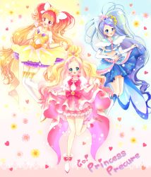 Rule 34 | 3girls, :d, amanogawa kirara, aqua eyes, arm warmers, bad id, bad pixiv id, blonde hair, blue eyes, blue hair, blue skirt, boots, bow, brooch, clothes lift, copyright name, crop top, cure flora, cure mermaid, cure twinkle, earrings, flower, flower earrings, frills, full body, gloves, go! princess precure, hair ribbon, haruno haruka, heart, highres, jewelry, kaidou minami, keiko., knee boots, long hair, low-tied long hair, magical girl, multicolored hair, multiple girls, open mouth, orange hair, pink bow, pink hair, pink skirt, precure, puffy short sleeves, puffy sleeves, purple eyes, purple hair, quad tails, red hair, ribbon, shoes, short sleeves, skirt, skirt lift, smile, streaked hair, thigh boots, thighhighs, twintails, two-tone hair, v, waist bow, white footwear, yellow skirt