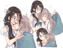 Rule 34 | 2girls, bandaid, bandaid on face, bandaid on forehead, bare shoulders, black hair, blanket, blue eyes, brown eyes, brown hair, cellphone, closed eyes, closed mouth, commentary request, dress, eye contact, flying sweatdrops, frilled dress, frills, glasses, hanetsuka, highres, holding, holding phone, hug, idolmaster, idolmaster shiny colors, imminent kiss, long hair, long sleeves, looking at another, low twintails, mitsumine yuika, motion lines, multiple girls, multiple views, open mouth, panties, phone, round eyewear, simple background, sleeping, sleeveless, sleeveless dress, smartphone, sweater, twintails, under covers, underwear, v-shaped eyebrows, white-framed eyewear, white background, white panties, white sweater, yukoku kiriko, yuri