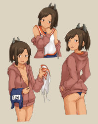 Rule 34 | 1girl, absurdres, blue one-piece swimsuit, brown eyes, brown hair, brown jacket, chagamaka, unworn clothes, cowboy shot, cropped jacket, hands in pockets, highres, hood, hooded jacket, hoodie, i-401 (kancolle), jacket, kantai collection, multiple views, naked jacket, name tag, one-piece swimsuit, ponytail, sailor collar, school swimsuit, shirt, short hair, side-tie shirt, simple background, sleeveless, sleeveless shirt, standing, swimsuit, swimsuit under clothes, tan, white background