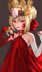 Rule 34 | 1girl, ahoge, bare shoulders, blonde hair, braid, breasts, crown, dress, elbow gloves, facial mark, fate/grand order, fate (series), fingerless gloves, french braid, gloves, hair bun, hair intakes, hair ribbon, highres, long hair, looking at viewer, nero claudius (fate), nero claudius (fate) (all), open mouth, queen draco (fate), queen draco (first ascension) (fate), red dress, red eyes, red ribbon, ribbon, scales, shinsaku (stan-art), single glove, small breasts, smile, solo, white gloves