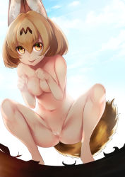 Rule 34 | 10s, 1girl, animal ears, barefoot, blue sky, blush, breasts, censored, cleavage, cleft of venus, collarbone, commentary, cum, cum in pussy, day, furyf, hair between eyes, highres, kemono friends, medium breasts, mosaic censoring, navel, nipples, nude, orange eyes, orange hair, outdoors, pussy, pussy juice, serval (kemono friends), serval tail, short hair, sky, smile, solo, sweatdrop, tail, tongue, tongue out