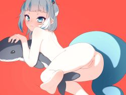 Rule 34 | 1girl, absurdres, all fours, anus, blue eyes, blue hair, blunt bangs, blush, cleft of venus, completely nude, dot nose, dutch angle, fins, fish tail, from behind, full body, gawr gura, has bad revision, has censored revision, highres, hololive, hololive english, looking at viewer, lucasyecla99, multicolored hair, nose blush, nude, raised eyebrows, red background, shark, solo, stuffed toy, tail, toy, two-tone hair, uncensored, virtual youtuber, white hair