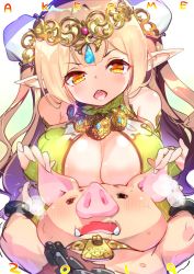 Rule 34 | 1girl, 2019, :o, absurdres, blonde hair, breasts, bun cover, chain, chinese zodiac, cleavage, double bun, grabbing another&#039;s ear, fujishima-sei ichi-gou, hair bun, hand on another&#039;s ear, highres, large breasts, long hair, looking at viewer, new year, open mouth, original, pig, pointy ears, shiny skin, simple background, solo, tiara, tongue, upper body, white background, year of the pig, yellow eyes