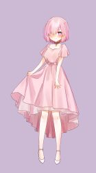 Rule 34 | 1girl, absurdres, blush, bow, choker, closed mouth, dress, fate/grand order, fate (series), full body, grey background, hair over one eye, harukappa, high heels, highres, layered dress, looking at viewer, mash kyrielight, medium dress, pink bow, pink choker, pink dress, pink eyes, pink hair, pumps, short hair, short sleeves, simple background, skirt hold, smile, solo, standing, straight hair, white footwear