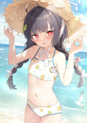 Rule 34 | 1girl, ahoge, bare arms, bare shoulders, bikini, black hair, blue archive, blue sky, blush, braid, breasts, brown hat, cloud, cloudy sky, collarbone, commentary request, day, halo, hands up, hat, highres, horizon, leaf, leaf on head, leaf print, long hair, looking at viewer, low twintails, miyu (blue archive), miyu (swimsuit) (blue archive), navel, nose blush, ocean, outdoors, parted lips, print bikini, red eyes, saeki sora, sky, small breasts, solo, straw hat, sweat, swimsuit, twin braids, twintails, very long hair, water, white bikini