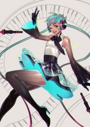Rule 34 | 1girl, absurdres, aqua hair, arm up, black gloves, blouse, brown eyes, foot out of frame, glint, gloves, hair ornament, hairclip, hatsune miku, high heels, highres, leg up, long sleeves, looking at viewer, one eye closed, open mouth, oskar vega, see-through, see-through sleeves, shadow, shirt, smile, solo, twintails, vocaloid, white shirt