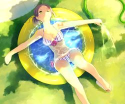 Rule 34 | 1girl, achiki, bad id, bad pixiv id, bare shoulders, bikini, breasts, brown hair, green eyes, hose, medium breasts, navel, one eye closed, original, partially submerged, sandals, shade, short hair, solo, striped bikini, striped clothes, summer, swimsuit, vertical-striped bikini, vertical-striped clothes, wading pool, water