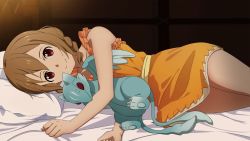 Rule 34 | 1girl, bed, bed sheet, bedroom, braid, brown hair, closed mouth, cowboy shot, dress, game cg, hair between eyes, highres, indoors, looking at viewer, lying, official art, on side, orange dress, pillow, pina (sao), red eyes, short dress, short hair, silica, sleeveless, sleeveless dress, smile, solo, stuffed animal, stuffed toy, sword art online, twin braids