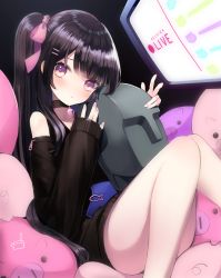 Rule 34 | 1girl, bad id, bad pixiv id, bare shoulders, bell, black background, black choker, black hair, black sweater, blush, bow, choker, closed mouth, commentary request, eyebrows hidden by hair, feet out of frame, hair bow, hair ornament, hairclip, highres, jingle bell, knees together feet apart, knees up, livestream, long hair, long sleeves, looking at viewer, monitor, nail polish, neck bell, one side up, pig, pink bow, pink nails, purple eyes, reikira, reikira! (channel), retorillo, sleeves past wrists, solo, sweater, very long hair, virtual youtuber