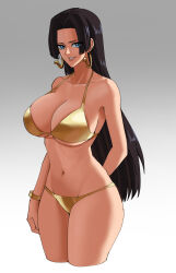 Rule 34 | 1girl, absurdres, alternate costume, arm behind back, bare arms, bare legs, bare shoulders, bikini, blue eyes, boa hancock, bracelet, breasts, cleavage, collarbone, cowboy shot, cropped legs, earrings, female focus, gold bikini, gold bracelet, gradient background, grey background, groin, highres, jewelry, large breasts, legs together, lips, long hair, looking ahead, looking at viewer, midriff, navel, nose, one piece, parted lips, ribs, simple background, skindentation, smile, snake earrings, solo, standing, swimsuit, tsurime, white background, wide hips, witeak
