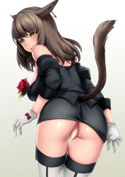 Rule 34 | 10s, 1girl, animal ears, aruma jiki, ass, bottomless, breasts, brown hair, cat ears, cat tail, censored, earrings, final fantasy, final fantasy xiv, flower, from behind, gloves, jewelry, large breasts, looking back, miqo&#039;te, pussy, rose, solo, standing, tail, thighhighs, yellow eyes