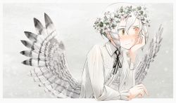 Rule 34 | 1girl, asterisk kome, bird wings, blush, burn scar, commentary request, embarrassed, frances royce, head wreath, highres, looking away, low wings, scar, scar on face, shirt, short hair, sitting, solo, tagme, white hair, white shirt, white theme, white wings, winged fusiliers, wings