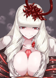 Rule 34 | 1boy, 1girl, abyssal ship, bad id, bad pixiv id, blunt bangs, breasts, breasts squeezed together, censored, collarbone, colored skin, dress, flower, grey background, hair ornament, hetero, highres, horns, kantai collection, large breasts, long hair, looking at viewer, lycoris princess, mosaic censoring, onboro (clunker), paizuri, penis, pov, red eyes, simple background, solo focus, white hair, white skin
