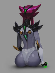 Rule 34 | 1girl, ass, back, elise (league of legends), from behind, grey background, highres, league of legends, simple background, sitting, solo