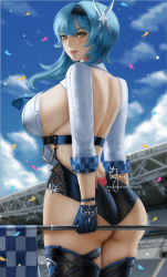 Rule 34 | 1girl, adapted costume, ass, ass focus, back, backless outfit, black gloves, black hairband, black shorts, black thighhighs, blue hair, blue sky, breasts, checkered flag, closed mouth, cloud, confetti, cowboy shot, day, eula (genshin impact), flag, genshin impact, gloves, hairband, holding, holding flag, large breasts, long hair, long sleeves, outdoors, pink lips, race queen, short shorts, shorts, shrug (clothing), sideboob, signature, sky, smile, solo, stadium, thighhighs, thighs, underbust, wei (promise 0820), yellow eyes