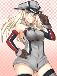 Rule 34 | 10s, 1girl, anchor, bare shoulders, bismarck (kancolle), blonde hair, blue eyes, blush, grey thighhighs, hat, highres, kantai collection, kz (kazuma-rising), long hair, military, military hat, military uniform, personification, smile, solo, thighhighs, uniform