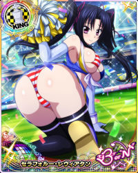 Rule 34 | 1girl, ass, black hair, card (medium), character name, cheerleader, chess piece, conffeti, crop top, crop top overhang, hair ribbon, high school dxd, king (chess), midriff, navel, official art, panties, pom pom (cheerleading), purple eyes, ribbon, serafall leviathan, shirt, skirt, smile, solo, taut clothes, taut shirt, thighhighs, trading card, twintails, underwear