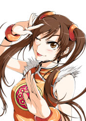 Rule 34 | 1girl, :p, ;p, bangle, bracelet, brown eyes, brown hair, china dress, chinese clothes, dress, fur trim, jewelry, kyo9999, ling xiaoyu, long hair, one eye closed, orange shirt, shirt, simple background, solo, tekken, tongue, tongue out, twintails, white background, wink