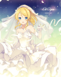 Rule 34 | 10s, 1girl, 6u (eternal land), :d, ayase eli, bad id, bad pixiv id, bare shoulders, blonde hair, blue eyes, bridal veil, bride, character name, dress, elbow gloves, gloves, jewelry, love live!, love live! school idol festival, love live! school idol project, necklace, open mouth, pendant, petals, smile, solo, strapless, strapless dress, tears, veil, wedding dress, white dress, white gloves