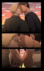 Rule 34 | 2boys, bad id, bad pixiv id, bertolt hoover, bun (bbb81bun), collared shirt, couple, dark-skinned male, dark skin, eye contact, from behind, from side, highres, holding hands, interracial, kiss, looking at another, male focus, multiple boys, reiner braun, sequential, shingeki no kyojin, shirt, short hair, sunset, yaoi