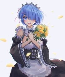 Rule 34 | 1girl, apron, bad id, bad pixiv id, black dress, black ribbon, blue eyes, blue hair, blush, bouquet, bow, breasts, detached sleeves, dress, dress bow, fangs, female focus, flower, frilled dress, frilled sleeves, frills, hair ornament, hair over one eye, hair ribbon, hands up, highres, holding, holding flower, juliet sleeves, large breasts, long sleeves, looking at viewer, maid, maid headdress, matching hair/eyes, open mouth, petals, puffy sleeves, re:zero kara hajimeru isekai seikatsu, rem (re:zero), ribbon, ribbon-trimmed sleeves, ribbon trim, roswaal mansion maid uniform, short hair, smile, solo, soybean (hisoybean), teeth, twitter username, upper teeth only, waist apron, white background, white bow, wide sleeves, x hair ornament, yellow flower