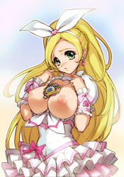 Rule 34 | 10s, 1girl, blonde hair, bow, breasts, choker, cure rhythm, earrings, eyelashes, green eyes, hair bow, hisahiko, jewelry, large breasts, long hair, magical girl, minamino kanade, necklace, nipples, open clothes, open shirt, precure, shirt, solo, suite precure, white choker
