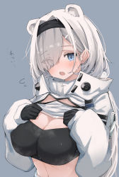 Rule 34 | 1girl, :o, animal ears, arknights, aurora (arknights), aurora (elite ii) (arknights), bandeau, bear ears, black gloves, black hairband, blue eyes, breasts, cleavage, clothes lift, commentary request, gloves, grey background, hair over one eye, hairband, highres, jacket, jacket lift, large breasts, long hair, long sleeves, looking at viewer, midriff, navel, open mouth, partial commentary, simple background, solo, stomach, strapless, tube top, upper body, very long hair, white hair, white jacket, yuukun mk-ii