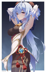 Rule 34 | 1girl, absurdres, ahoge, armpits, arms up, bare shoulders, bell, blue hair, bodystocking, breasts, chinese knot, covered erect nipples, cowboy shot, detached sleeves, from side, ganyu (genshin impact), genshin impact, hair between eyes, highres, horns, long hair, looking at viewer, lows., medium breasts, neck bell, open mouth, outside border, purple eyes, sideboob, solo, very long hair