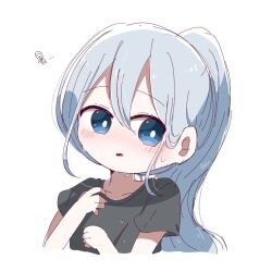 Rule 34 | 1girl, blue eyes, blush, collarbone, commentary request, cropped torso, grey shirt, hair between eyes, highres, long hair, oan (o annn), open mouth, ponytail, project sekai, shirt, short sleeves, simple background, solo, sweat, translated, upper body, white background, white hair, yoisaki kanade