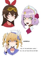 3girls amber_(genshin_impact) barbara_(genshin_impact) blonde_hair blue_eyes blush brown_eyes brown_hair cigarette english_text genshin_impact green_eyes multiple_girls noelle_(genshin_impact) open_mouth purple_hair rumi_(rumigawa31) smile twintails white_background