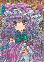 Rule 34 | 1girl, :o, alternate costume, book, bow, bowtie, crescent, crescent hat ornament, detached sleeves, dress, floral background, flower, frilled hat, frilled sleeves, frills, green bow, green bowtie, hair between eyes, hat, hat ornament, holding, holding book, long hair, looking at viewer, marker (medium), mob cap, open mouth, patchouli knowledge, pink hat, pink sleeves, purple eyes, purple hair, red flower, red rose, rose, rose background, rui (sugar3), sample watermark, sleeveless, sleeveless dress, sleeves past fingers, sleeves past wrists, solo, striped clothes, striped dress, touhou, traditional media, upper body, vertical stripes, watermark