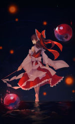 Rule 34 | 1girl, back bow, bad id, bad pixiv id, bare shoulders, barefoot, blue background, bow, brown hair, closed mouth, detached sleeves, dress, frilled dress, frills, from behind, full body, gohei, gradient background, hair bow, hair tubes, hakurei reimu, hand up, highres, holding, kiri (0218htt), long sleeves, looking at viewer, looking back, orb, parted lips, red bow, red dress, red eyes, red ribbon, reflection, ribbon, ribbon-trimmed sleeves, ribbon trim, shaded face, sidelocks, smile, solo, touhou, walking, walking on liquid, white bow, wide sleeves, yin yang, yin yang orb